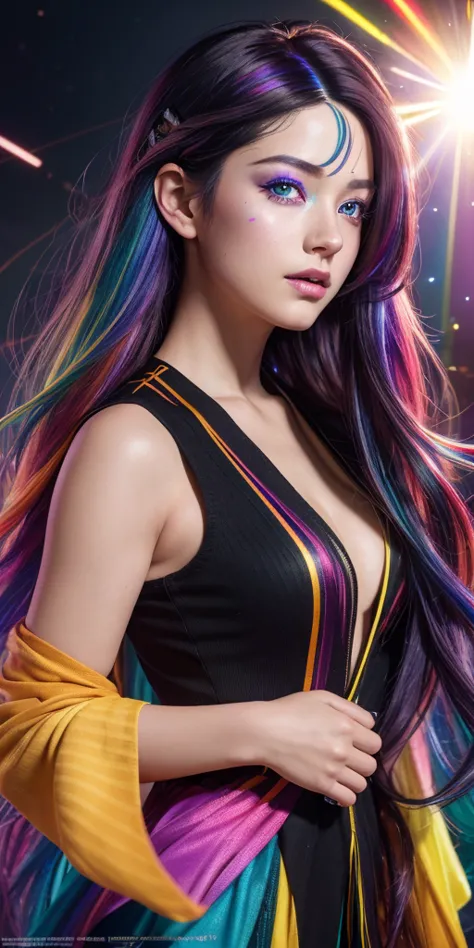 {{masterpiece}}, highest quality, Highly detailed CG Unity 8K wallpaper, cinematic lighting, Lens flare, beautiful detailed eyes, black, side line, multi-colored hair, colorful light, particle, heterochromia, (colorful:1.5), (colorful hair:1.5),
