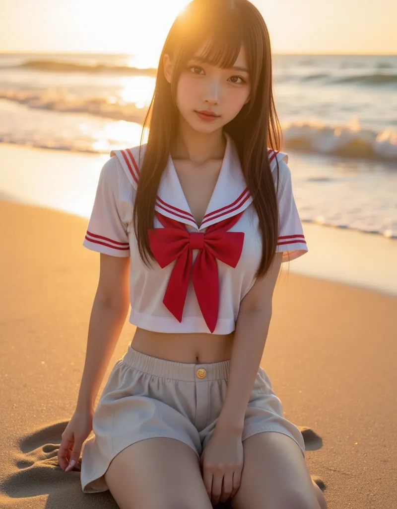 masterpiece,  top quality :1.4,  super detailed :1.4,  movie lights,  Japanese women like idols  , long hair , straight hair , Round face , Full Body Shots 、 Ultra Realistic Pantyhose ,  sailor suit  ,  as pictured  , Golden sand beach at sunset 、 is sitti...