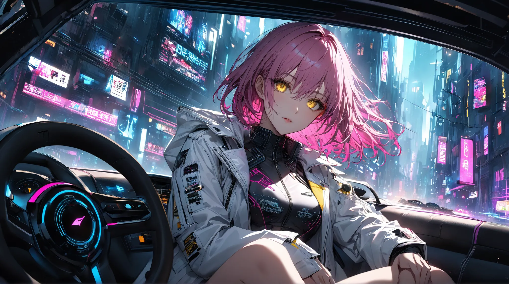 super realism、Surreal One Girl.Cyberpunk、
(are you driving with a woman？、wearing a jacket on the steering wheel)
(dark pink medium length hair.yellow eyes.)
(White Leather Studio Tech Jacket、 Cyberpunk design 、  no .、 Bare Skin That Will Break 、Sitting Sho...