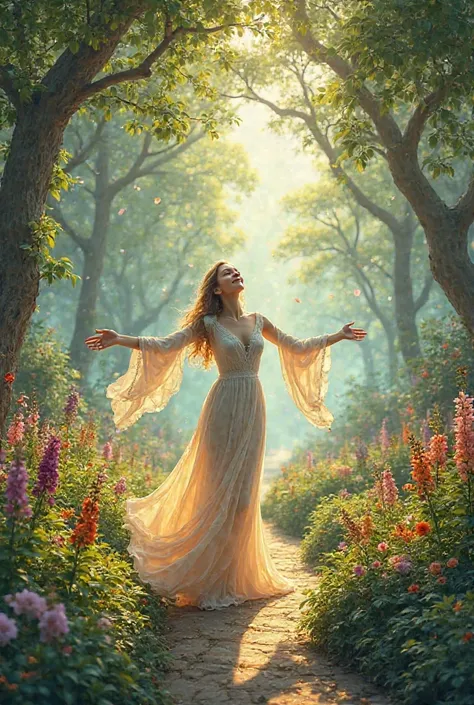 I want a real image of a woman in the middle of a very beautiful garden. with open arms