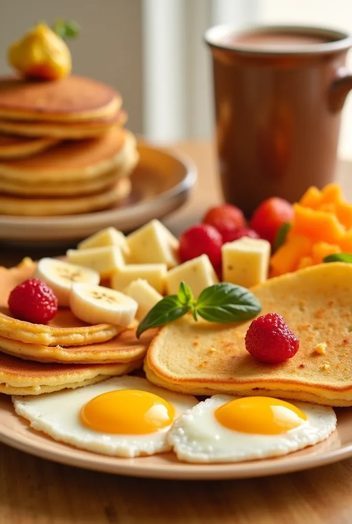 an image of a breakfast containing 2 fried eggs, on another plate chopped fruits such as apple, banana and papayas, on another plate hotcakes and finally a hot chocolate 