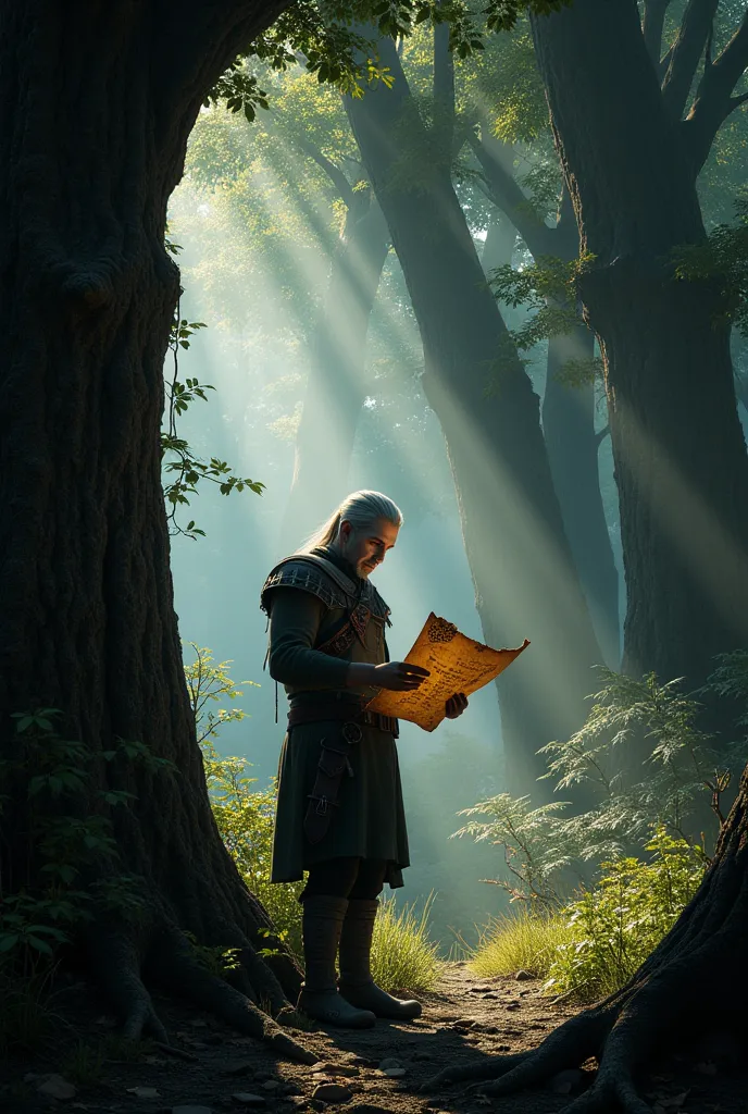 In the Witcher 3 universe, a traveler walks by and notices a leaflet on a tree