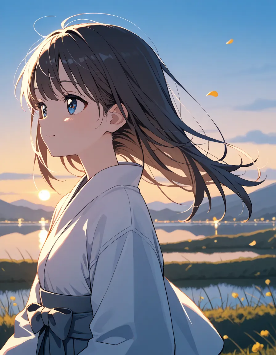 best quality, masterpiece, extremely Detailsed, Detailsed background, Detailsed eyes, anime, 1 girl, beautiful eyes, young girl, Long Hair Girl,  expressive face ,  kimono, Retro, 富士山のwind景, outdoor, sunset, beautiful sky from the light source,  picnic on ...