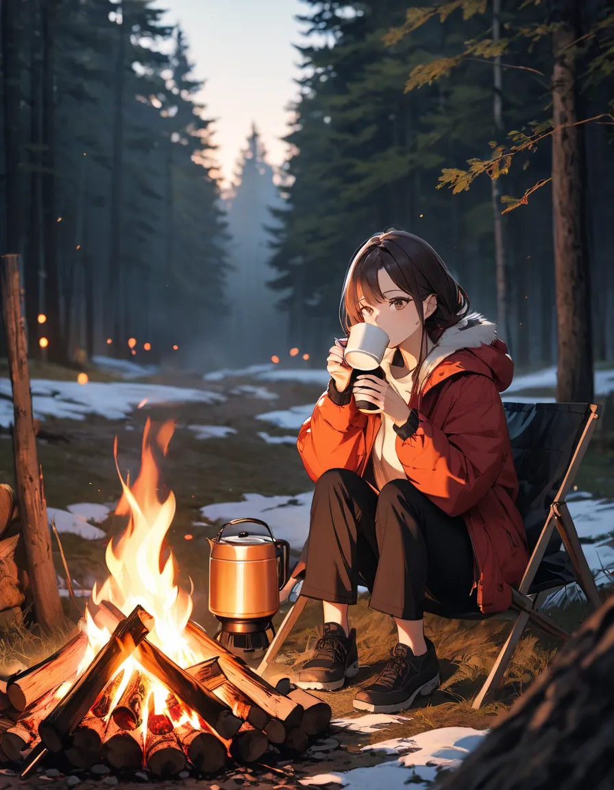 Woman drinking coffee while having a bonfire,nature