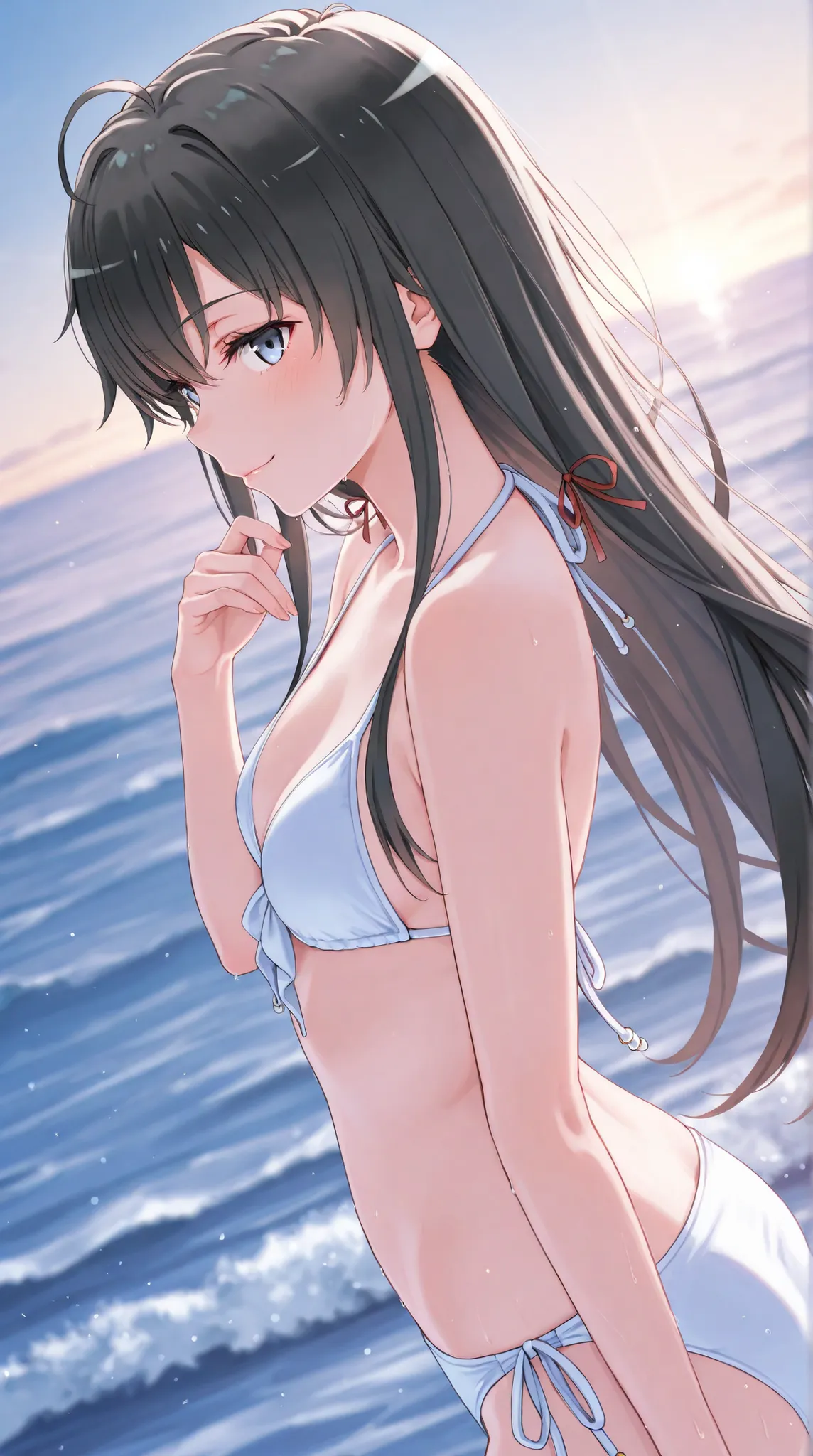 {yukinoshita yukino},{yahari  ore no seishun lovekome wa machigatteiru},Detailedparticles, depth_of_field, high resolution, high quality, soul, bikini, white bikini, sea,A splash,,, sexy, soul, high quality, high resolution olution, detailed image, beautif...