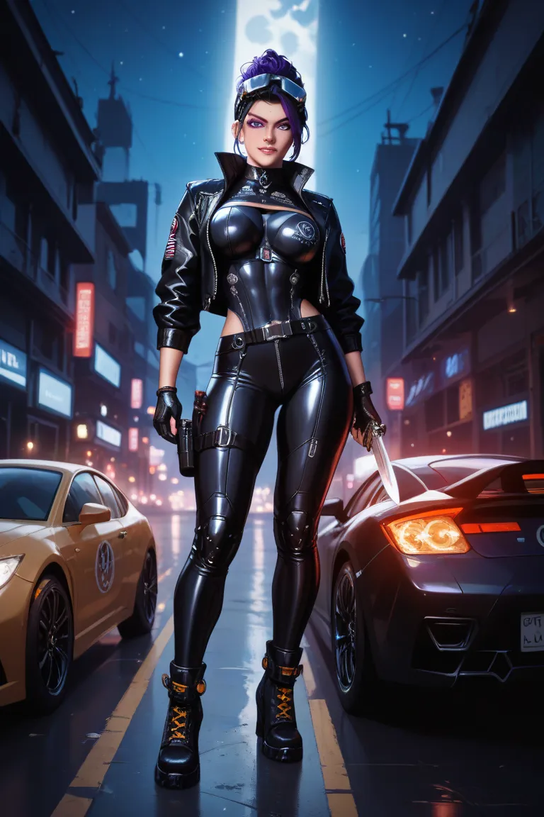 Beautiful Girl、jet black goggles、 purple eyes、Black leather rider suit、rough yellow muffler that flutters in the wind、A tough knife in the left hand、futuristic motorcycle、 night view