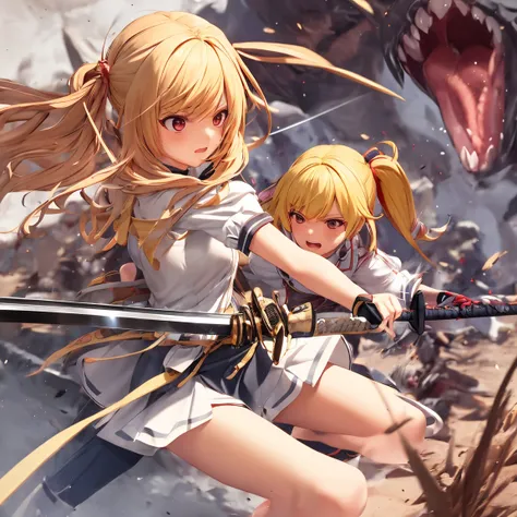 girl, yellow hair, Katana, warrior,  white blouse, gray short skirt , Battle Stance, A slightly close composition, fantasy, Teeth, Fight monsters