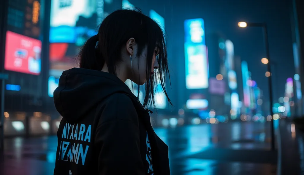 The image features a black and white haired woman in a hooded jacket at night in the middle of a glowing city. Shades of dark blue with neon lights add a futuristic and melancholic atmosphere. His jacket is black has Nyxara writing clearly in white, adding...