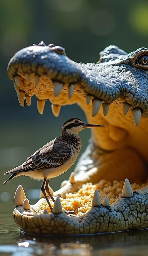 A fearless, tiny plover bird stands inside the open jaws of a massive crocodile, carefully picking food remains from its teeth. The crocodile remains completely still, eyes half-closed, as the bird performs its cleaning job. Tension and trust in one frame,...