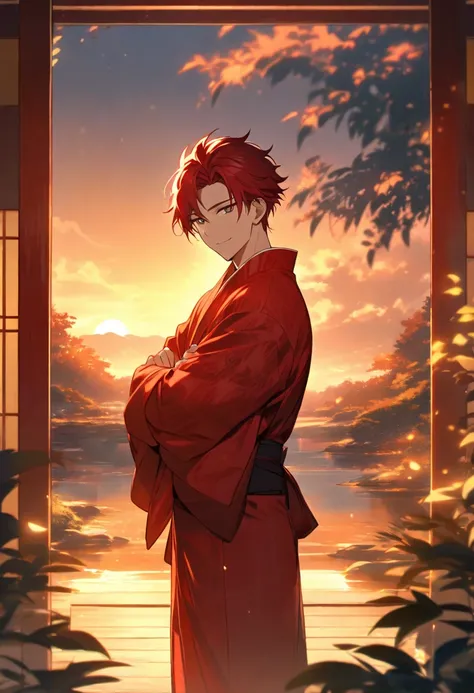  handsome, Alone, 1 male,  short hair, red hair, Red yukata,Not a profile、LOOK HERE、smile、 cross your arms a little