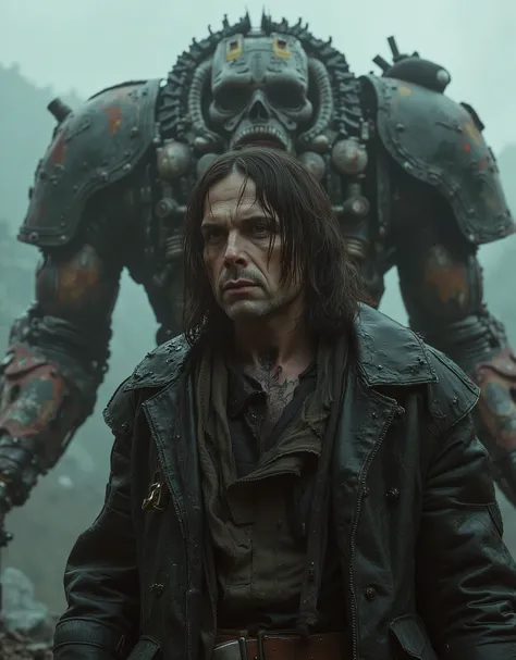cinematographic photograph using rule of thirds and composition on planes Photo 3 / 4 takes over the entire body , Hannibal Lecter , depraved and gothic, full plate armor made of rusty copper coins, sunken brown eyes, penetrating look, lank matted lon...
