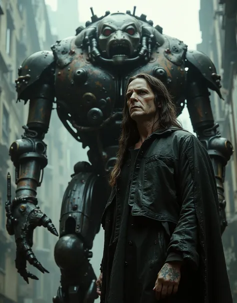 cinematographic photograph using rule of thirds and composition on planes Photo 3 / 4 takes over the entire body , Hannibal Lecter , depraved and gothic, full plate armor made of rusty copper coins, sunken brown eyes, penetrating look, lank matted lon...