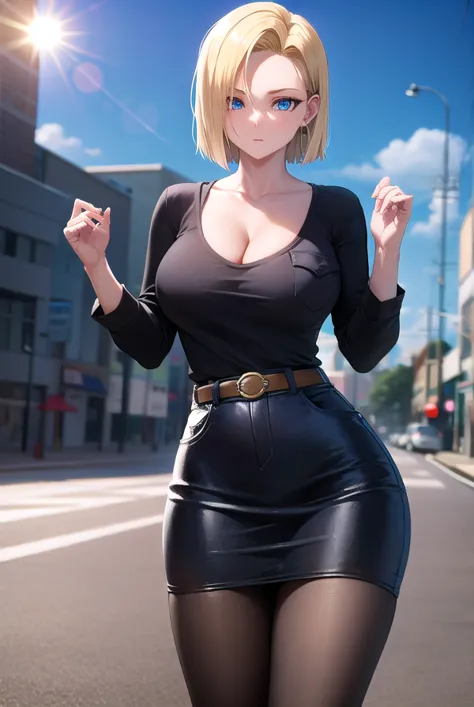 android18, android 18, blonde hair, blue eyes, eyelashes, hoop earrings, short hair, earrings,
BREAK, brown pantyhose, black shirt, breast pocket, cleavage, collarbone, black leather skirt, high-waist skirt, jewelry, long sleeves, pocket, shirt, crop shirt...