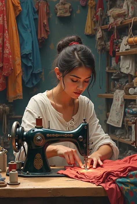 A woman is in a sewing workshop, she is sewing among many clothes