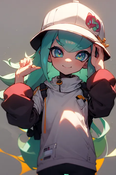 Splatoon 3 octring girl is wearing a cap hat holding that hat with both hands above her head and looking at it with a smile