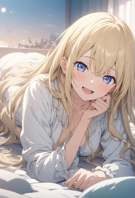 masterpiece, Best Quality, Highly Detailed CG Unity 8k Wallpaper, 20 year old girl anime illustration. The pose of lying down and looking at me、Close your eyes、opening your mouth, smile.  The background is a pastel colored landscape,  Blonde Color ,long ha...