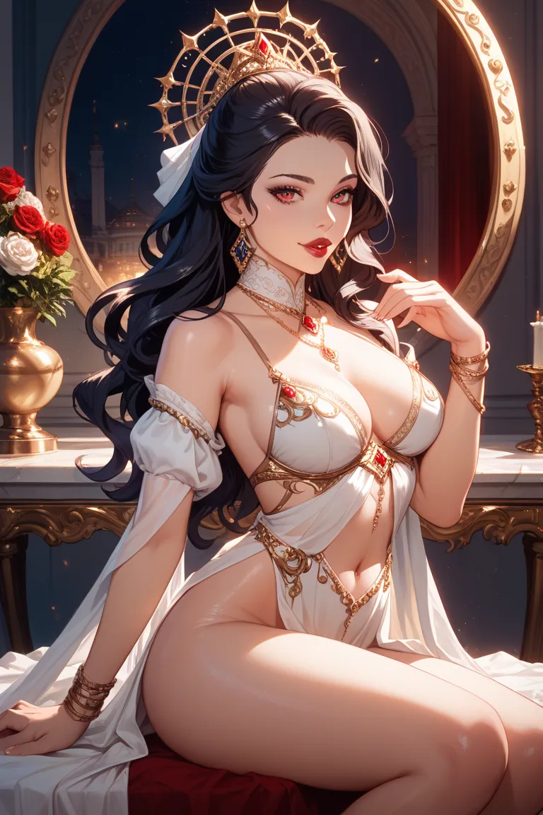 Woman with black hair up to her waist, red eyes, and a beautiful face、red glossy lips、Oshitakoshi、Sit with slender legs 、God who wears sheer dresses々A good appearance