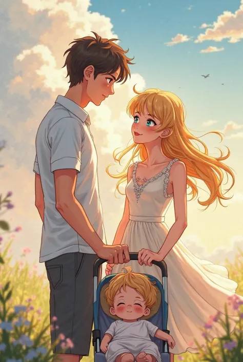 brunette short-haired man, blonde long-haired and gray deep blue eyes lady and  baby boy blonde hair gray deep blue eyes  in the stroller anime