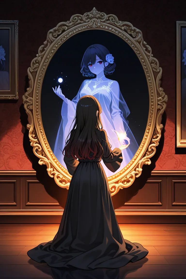 Good woman looking at an evil reflection of herself in a glowing magical mirror, beckoning, full length mirror with glowing elemental swirl frame