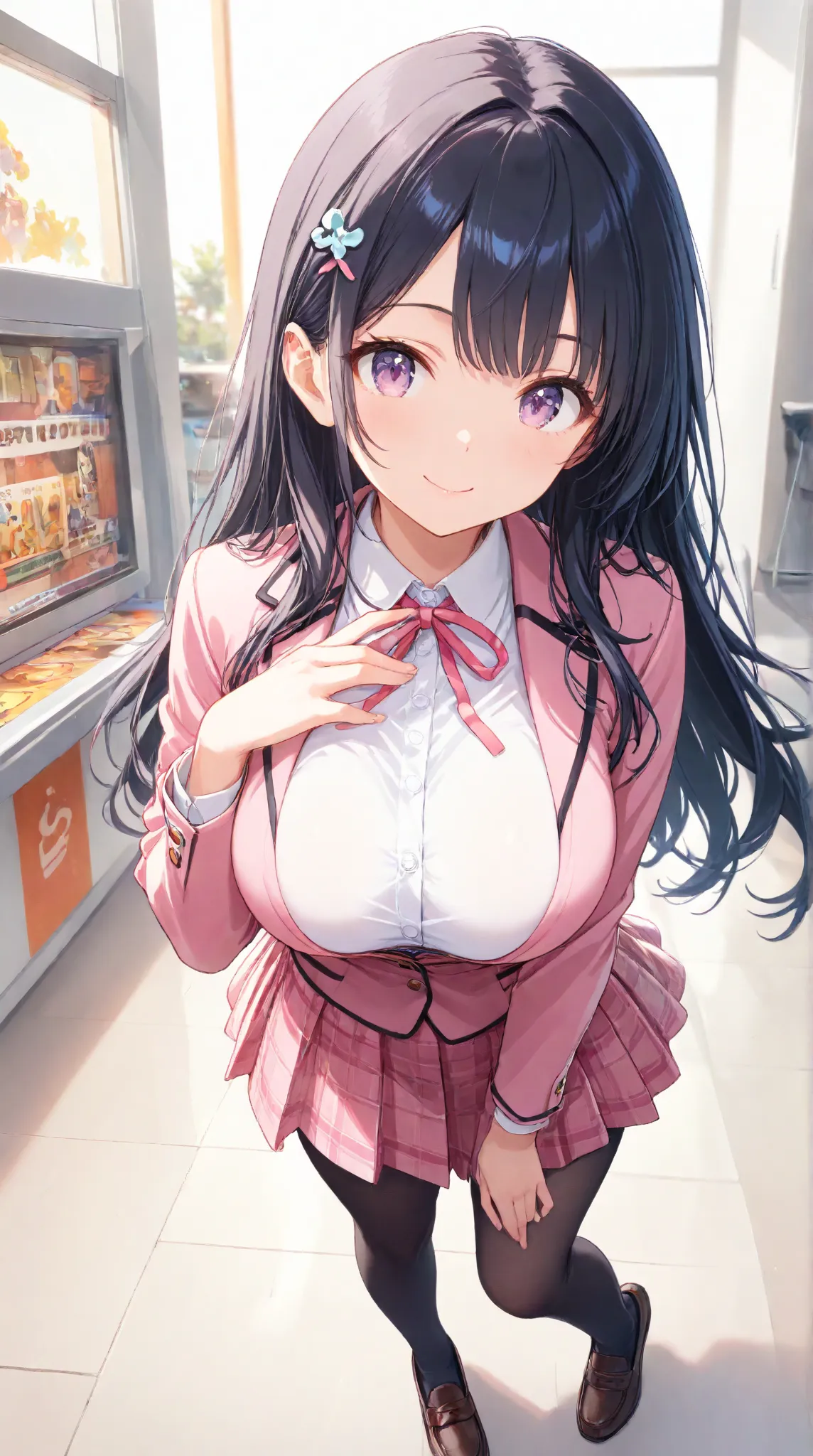 masterpiece,large breasts, long hair, (black hair1.5) , bangs, （1girl1.5）、Blue hairs ornament, 18 years old、breast focus、looking at viewer，full body，smile，pink ribbon，pink　blazer， Game Center、pink checked skirt ，shirt、lilac eyes、loafer、tights、