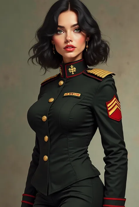  she's standing, hair with a beautiful smile and his green eyes highlight all his beauty, her voluptuous and beautiful body ( not exaggerated) wearing her military captain's uniform (negro) with her hip-length black hair 