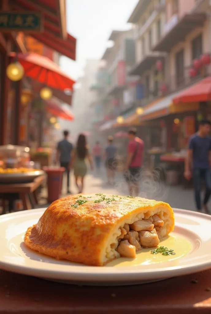 In 3d Pixar animation
Taiwan omelete filled with oysters meat in a plate. 
Background, Taiwan street food with people walking by and stalls 