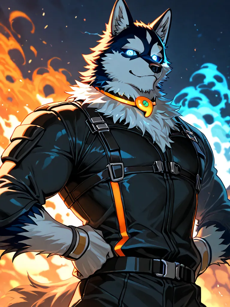  Beast Man　siberian husky　A collar with a blue magatama decoration　Black combat uniform　fantasy　 Orange Glowing Eyes 　cute