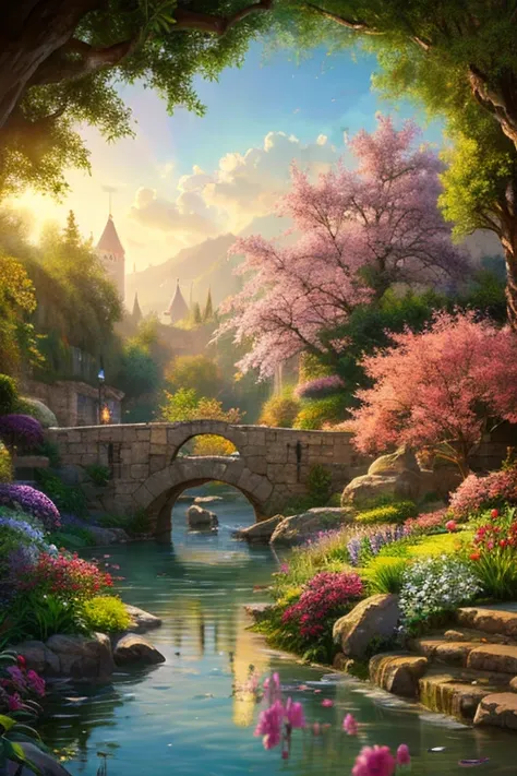 baptism,Baptism,Garden of Eden,Colorful,Dreamy landscape, cloud, light piercing through the cloud, Reflection on the surface of the water, Gentle waterfall,flower々, flower ,Quiet atmosphere, Richness in details, Surreal beauty, Magical Aura, Fantasy Landsc...