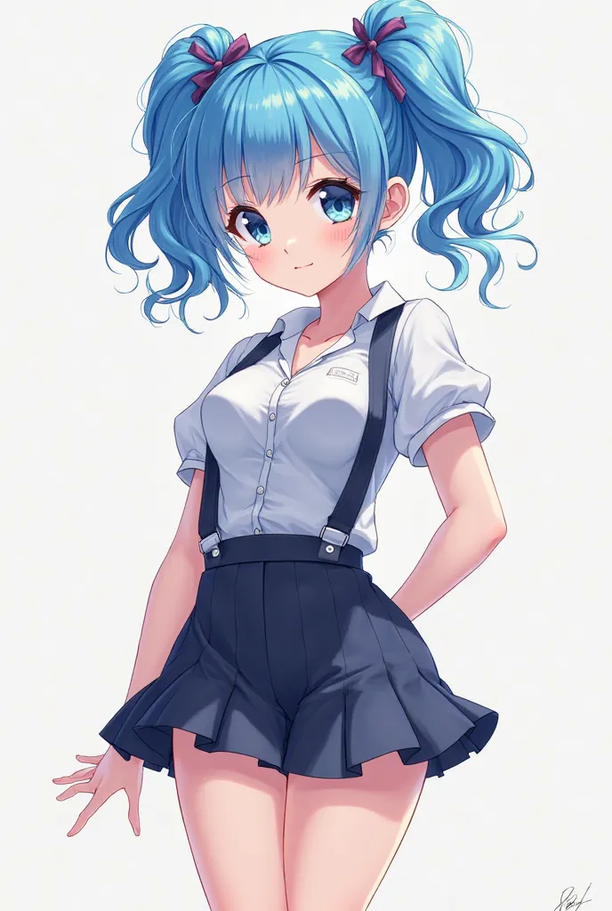 Anime style image of girl with 2 pigtails blue hair, schoolgirl in miniskirt, full body very sexy and voluptuous 