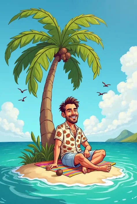 A cartoon image of a man sitting on a small island next to a coconut tree