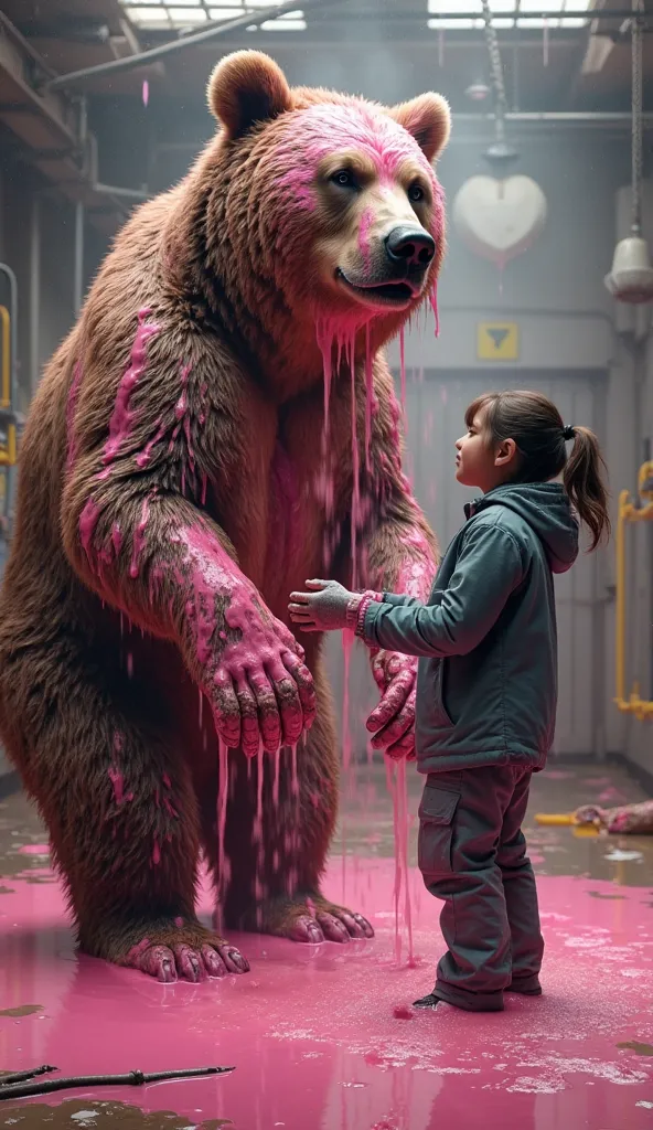 A giant grizzly bear, mysteriously covered in bright pink sludge, standing in a rescue center while a kind human gently washes it off. Water splashes, steam rising, the bear looking relieved and curious. Photorealistic, cinematic realism, warm lighting, Na...