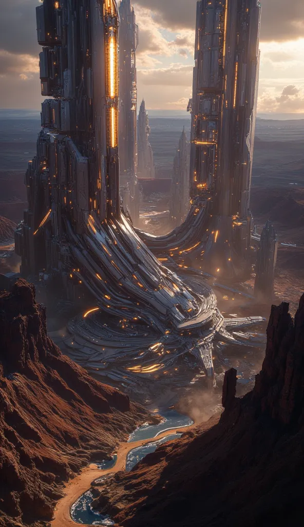 Imagine a futuristic city nestled within a vast canyon. Towering crystal structures, glowing with an internal light, dominate the landscape. The city is bathed in the warm hues of a setting sun, casting long shadows and creating a mesmerizing interplay of ...