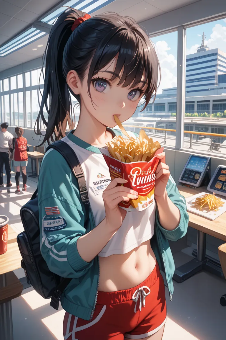 Cute anime style with big eyes, one adult extremely black-ponytail-haired sporty girl with civilian clothes and very flat belly, calm face, eating large fries, university, safe clothing  