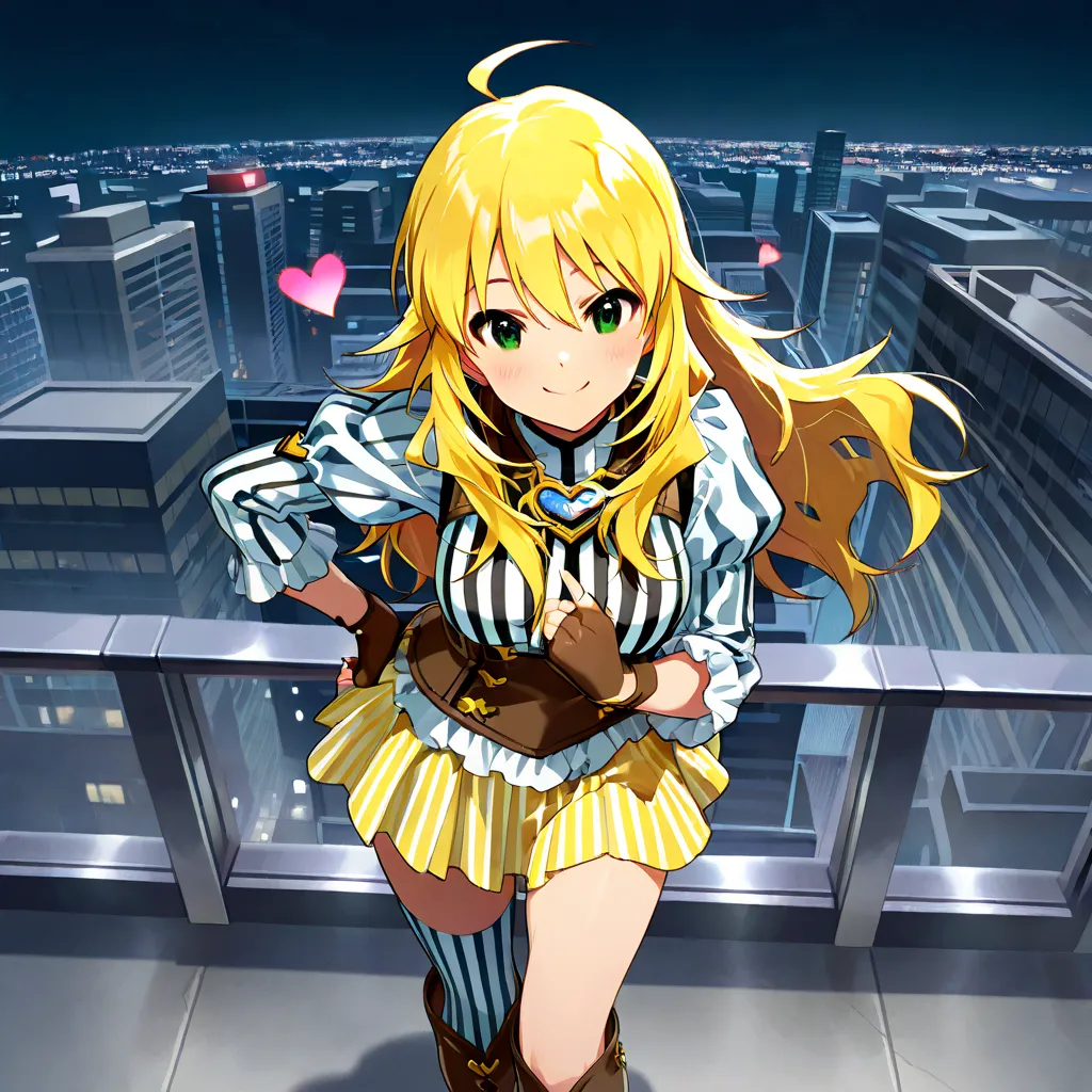 1 girl, Alone, 
Hoshii Miki , long hair, Gold,green eyes,detailed eyes,  
(masterpiece、Best Quality、Super Detail:1.5), one girl, solo、chest, smile,  Broken Lips, looking viewer,so beautiful,anatomically correct, accurate,8k,perfect finger,
 boots,  brown f...