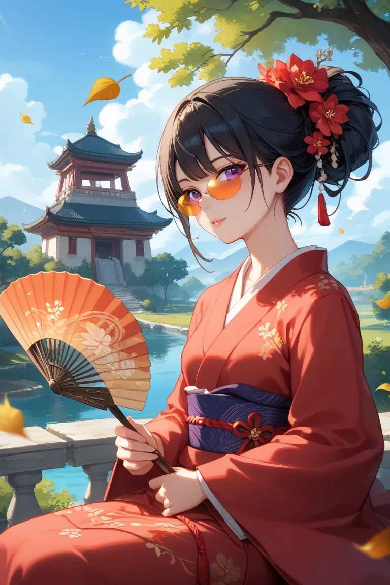 High-quality anime-style digital illustration in 4K resolution, inspired by renowned anime directors like Hayao Miyazaki and Makoto Shinkai.

A beautiful woman in a flowing deep-red kimono sits under a centuries-old maple tree, her hands gently resting on ...