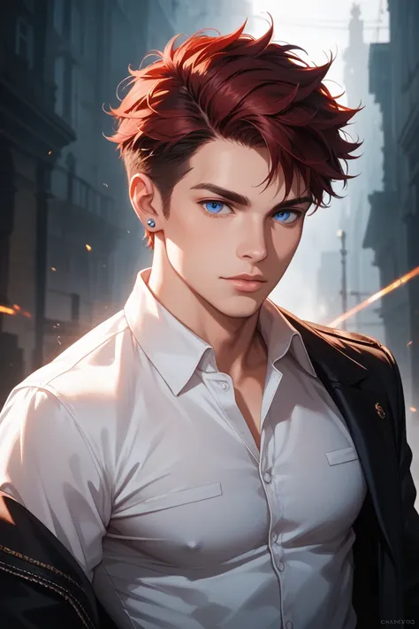 The sex is human male. The color of the hair is dark red and the eyes are blue. The height is 189. The dress is white pants and a black shirt. The character is heroic and mysterious
