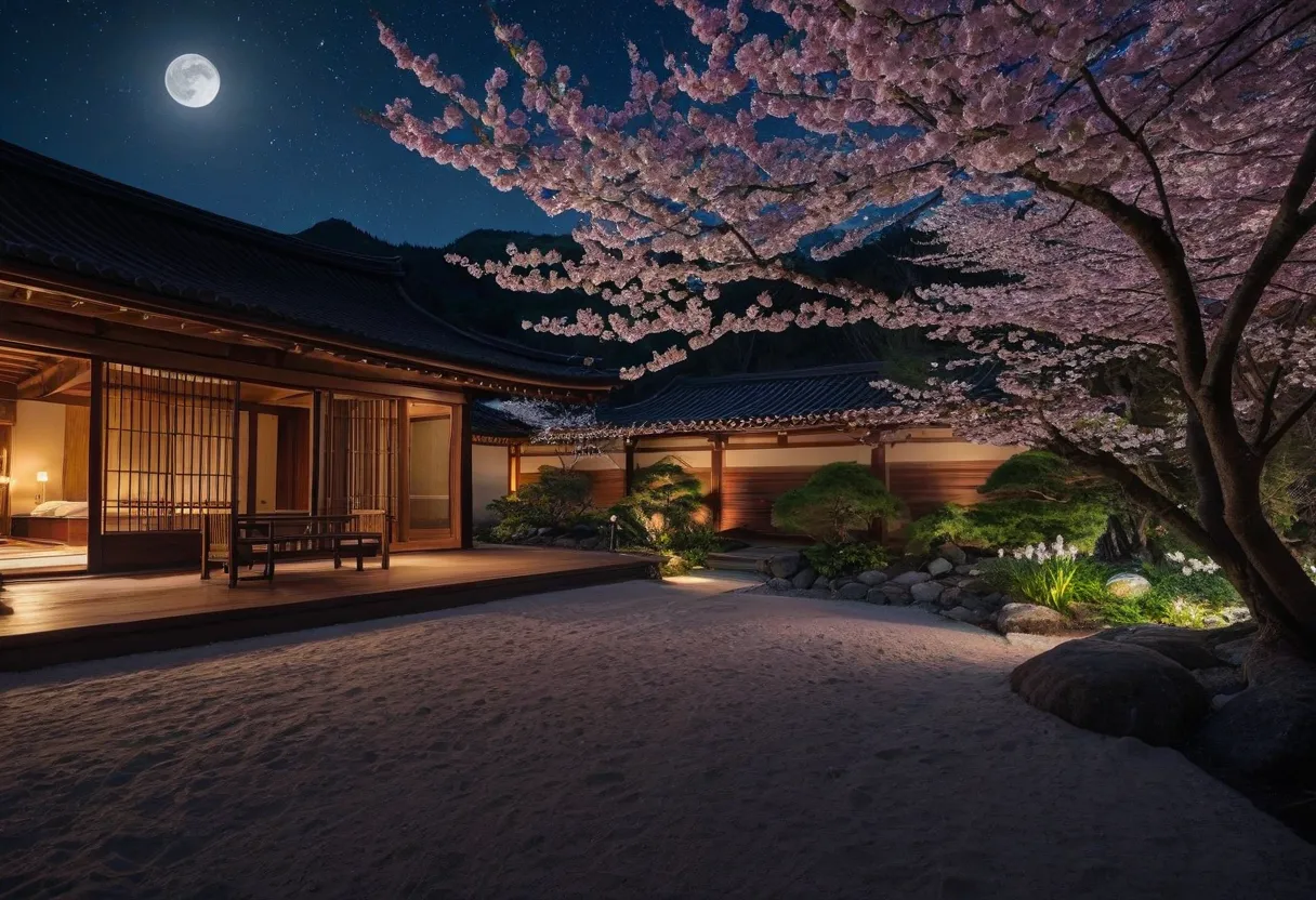 This 4K video realistically captures the exterior of the Japanese garden with dancing cherry blossoms in 16:9. However, the interior was not filmed. Japanese landscape. A carpet of cherry petals covers the entire ground, creating a sense of unity. A simple...