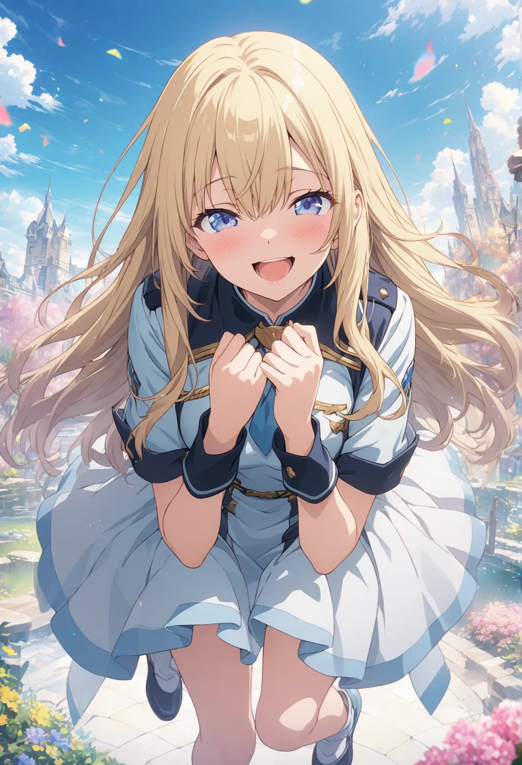 masterpiece, Best Quality, Highly Detailed CG Unity 8k Wallpaper, 20 year old girl anime illustration. embarrassing、Close your eyes、opening your mouth, smile.  The background is a pastel colored landscape,  Blonde Color ,long hair、 hair fluttering  、Blue e...