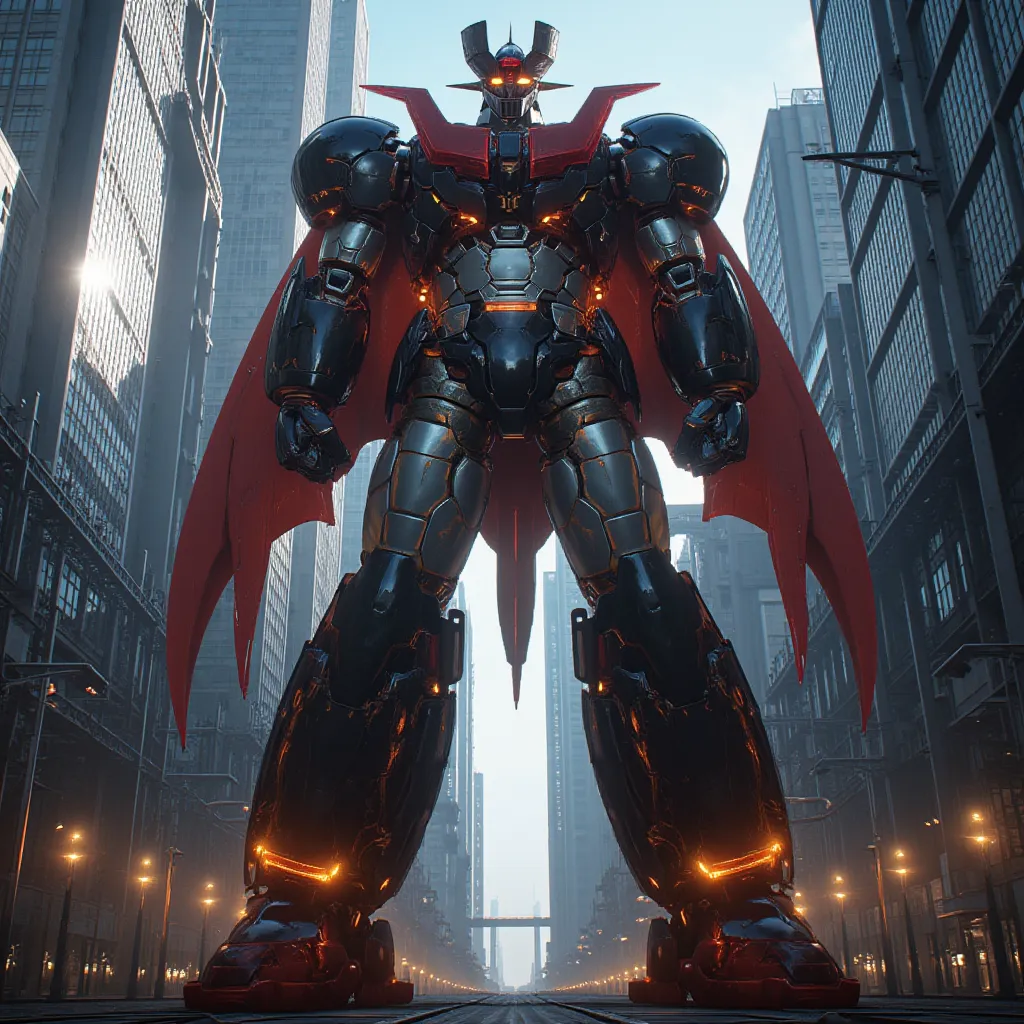  very realistic version of the modified Mazinger Z ,  Mazinger Z is 100 meters tall.  steel ,   Carbon Fiber  ,   Other industrial elements are also visible  ,  Just like the real thing  ,   I'm standing in front of a tall skyscraper where a high voltage c...