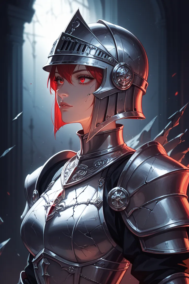 draw a knight in gothic armor, cracks in the helmet, glowing hellish red eyes, exposed limbs, Anime Style, dark scene, dark atmosphere, dramatic lighting, color somber palette, digital illustration, high quality, ultra detailed, masterpiece