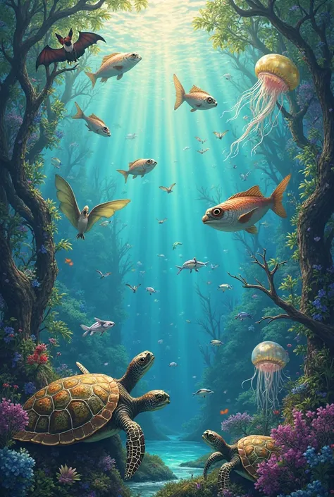 An ocean with flying fish, jellyfish, bats, turtles, turtle olives, owls and transparent frogs