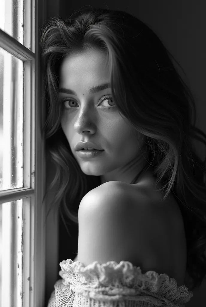 A cinematic black-and-white portrait of a young woman with soft, natural lighting. She leans against a window frame, her shoulder bare, draped loosely with a textured fabric. Her wavy hair cascades gently down, framing her face with subtle highlights. Her ...