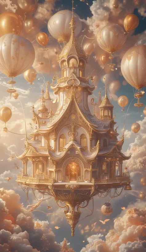 A floating house connected to lots of balloons　. It has been exquisitely detailed。. Top quality craftsmanship , Exquisite carvings and intricate patterns. . The scene is captured in the medium of digital illustration., Combining photographic realism with c...