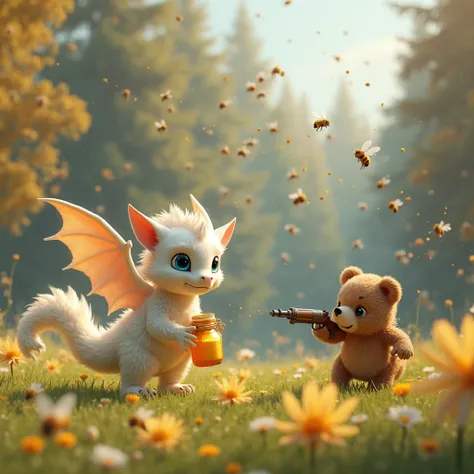 An apiary on a meadow of a magical forest. A swarm of bees flies over an open beehive. A cute winged fairy tale dragon instead of scales, covered with long fluffy snow white shiny fur, with big shiny blue eyes and tiny horns and a jar of honey is running a...