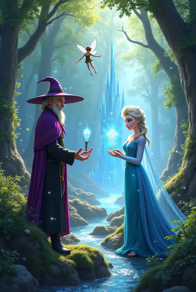 a wizard, the fairy and princess Elsa solve riddles in the forest