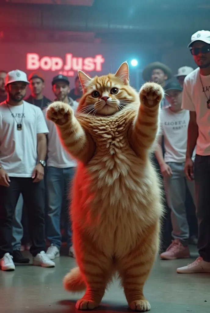 A chubby, orange tabby cat standing on its hind legs in the middle of a hip-hop dance battle, surrounded by a group of people wearing casual streetwear, some in white t-shirts and caps. The cat has a round, plump belly and thick fluffy fur, giving it a mor...