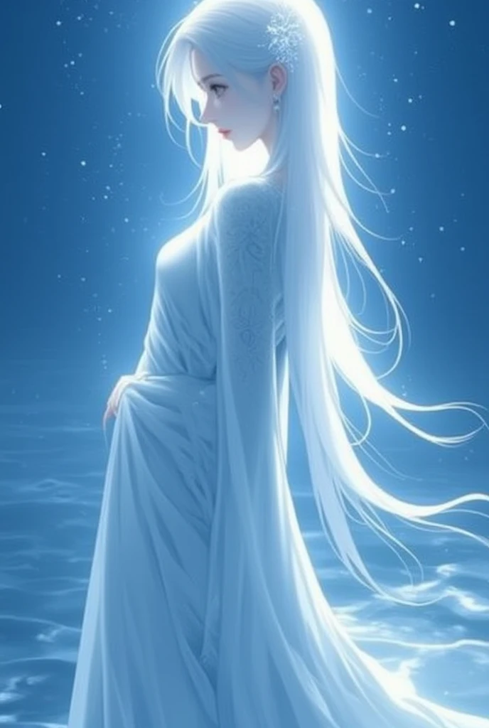 pa311 a woman in a white dress standing in the water, surrounded by a blue background. She appears to be a snow queen, with her long white hair cascading down her back and a determined expression on her face. Her dress is illuminated by a soft light, givin...