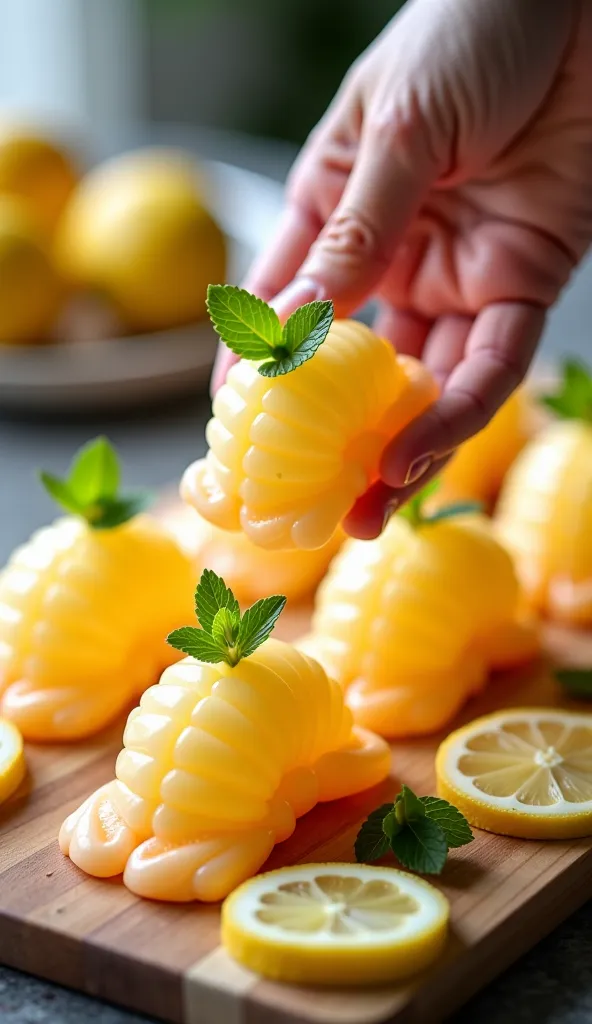 Hgraphic elements, Dynamic Light, Cinematics, HDR, UHD, professional PHOTOGRAPH OF:

Interactive Flavor Moment: Document the moment someone is about to enjoy a piece of Lemon Lobster Candy, with a hand reaching to grab it. Capture the candy on a stylish, m...