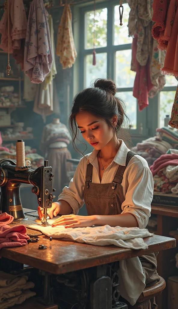 A woman is in a sewing workshop, she is sewing among so many clothes piled on top of each other