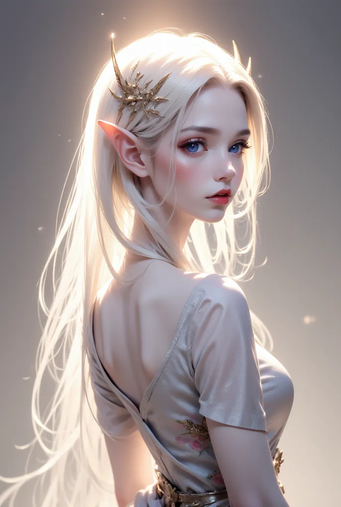 Imagine a sophisticated and elegant full-length elf girl. She has soft, slightly grey skin, long white hair braided in an unusual hairstyle. There are many delicate ornaments on the head. She has a light, weightless dress in pastel colors, decorated with p...